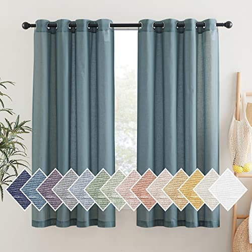 NICETOWN Linen Sheer Curtains for Bedroom, Grommet Semi Sheer Window Drapes Privacy with Light Filtering Casual & Rustic for Bedroom/Farmhouse, Smoke Blue, 2 Panels, W52 x L63