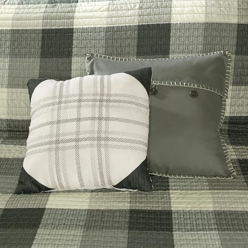 Image of Madison Park Reversible Quilt Cabin Lifestyle Plaid Design - All Season, Breathable Coverlet Bedspread Bedding Set, Matching Shams, Ridge Grey Full /Queen(90 inchx90 inch) 6 Piece