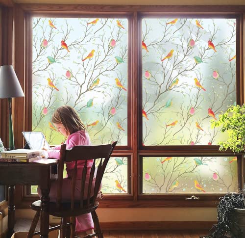 Image of WISDOM Privacy Window Film Frosted Glass Film Glass Film No Glue Anti-UV Window Sticker Non Adhesive for Privacy Office Meeting Room Bathroom Living Room (Color Birds Frosted, 12 x 100 inch)