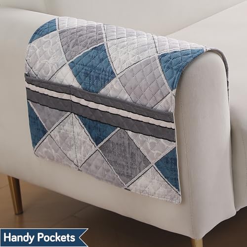 Image of HOKIPO 'LiefNest' Printed Holland Velvet Sofa Armrest Covers | 1 Pair | Diamond Slate Grey Blue (IN-827-L-D2*2)