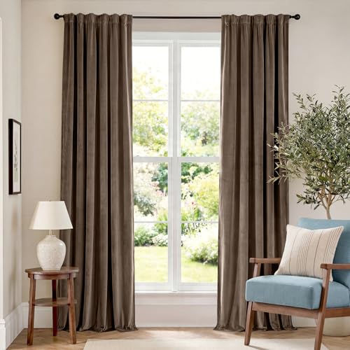 Image of Truffle Velvet Curtains Quiet Luxury Rod Pocket 52x96 Inch 2 Panels | Soft Velvet, Room Darkening, For Bedroom & Living Space, Light Shifting Texture, Elegant Drape, Luxury