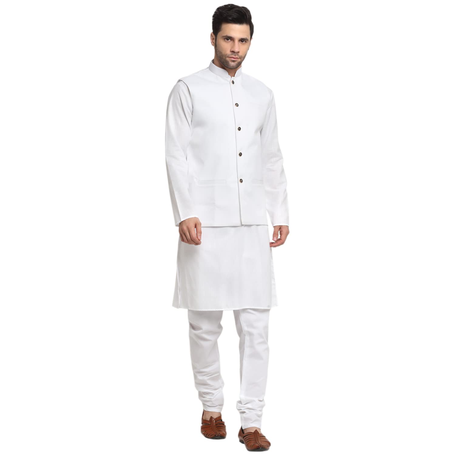 kraft india Men's Cotton Solid White Kurta Churidar With Twill Nehru Jacket Set-picture-41