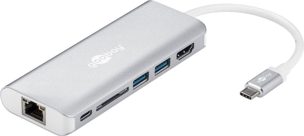 Goobay 76788 USB-C Multiport Adapter, HDMI 4k, 30 Hz, USB, CR, RJ45, PD, Aluminium, Silver