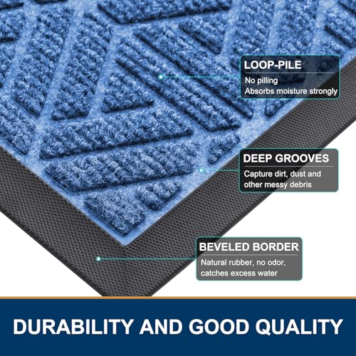 Smiry Front Door Mat Outside Entrance, Heavy Duty Natural Rubber Doormat, Trap Dirt and Moisture Easy Clean Low Profile Patio Porch Welcome Floor Mats for Entry, 29.5x17 Inch, Blue