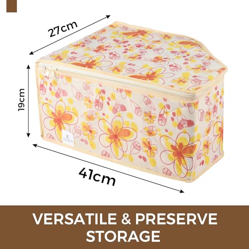 Image of Urbane Home Blouse Cover | Clothes Storage Bag | Zipper Wardrobe Organizers | Non-Woven Clothes Organiser | Side Transparent Blouse Organizer | Red Flower-Design | Pack of 9 | Ivory