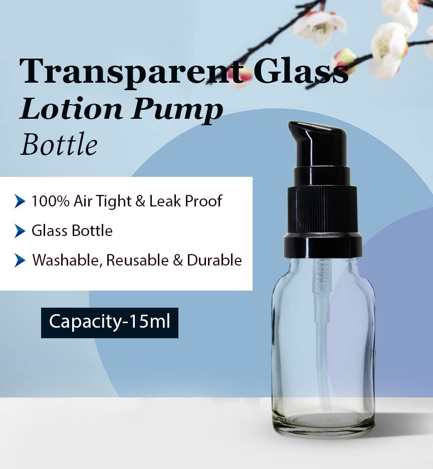 nsb herbals 15 ml Clear/Transparent Round Empty Glass Bottle With Lotion Pump And Black Cap For Essential Oils, Diy Skin Care, Cosmetics, Bottle (Pack Of 3) - Image 3 thumbnail