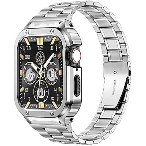 MioHHR Stainless Steel Watch Band with Case Compatible with Apple Watch Series 6/5/4/SE(44mm) Series 3/2/1(42mm),Rugged Strap with Metal Protective Bumper Cover for iWatch Band Men(Silver) Cover