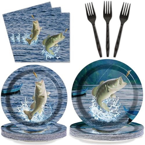 Image of ZOIIWA 200 PCS Gone Fishing Tableware Disposable Paper Plates Napkins Fishing Tournament Birthday Party Supplies Dinnerware Set Napkins Party Decoration Serve 50 guest