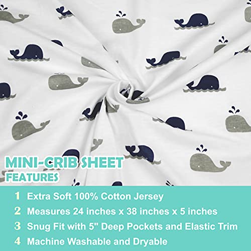 Image of American Baby Company 2 Pack 100% Natural Cotton Fitted Mini Crib Sheets 38 inch x 24 inch - Soft & Breathable Small Nesting Portable Sheets, Fits Pack N Play Mattress, Navy Whale /Gray Zigzag, for Boy & Girl