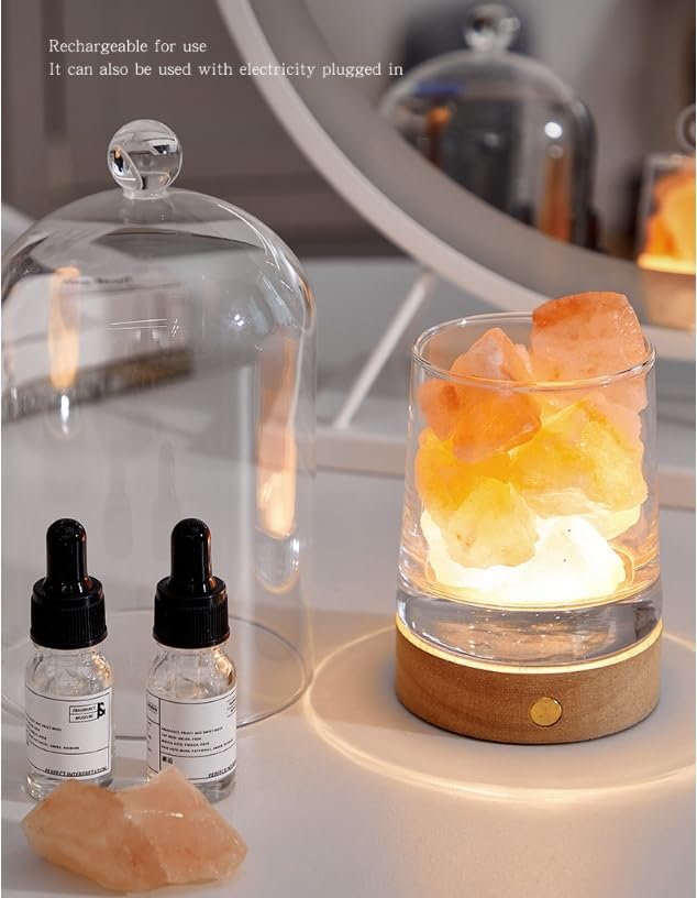 Lampa do soli himalajskiej 2 w 1 i ultradźwiękowy dyfuzor olejków eterycznych, lampa do aromaterapii bez ognia, z 2 olejkami eterycznymi, aromaterapia, 3 kolory, ładowany przez USB, ze szklaną osłoną