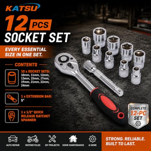 Image of KATSU Tools 1 /2 Inch Socket Set 12Pcs, 10-24mm Metric Drive with 24-Teeth Quick-Released Ratchet Wrench and 5 inch Extension Bar, High Grade Chrome Vanadium Steel, Auto Repairing Garage Tool 420343