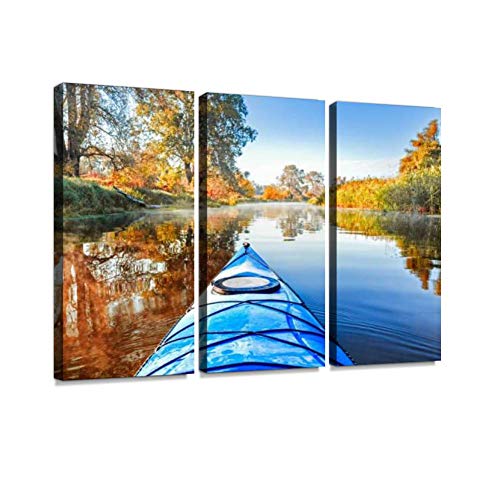 The Seversky Donets River, Autumn Kayaking View Over Nose of Bright Blue Kayak Print On Canvas Wall Artwork Modern Photography Home Decor Unique Pattern Stretched and Framed 3 Piece