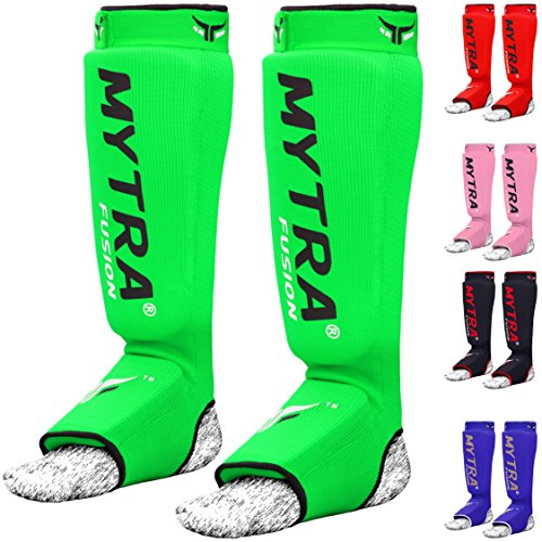 Mytra Fusion Shin Pads Instep Protector Kick Boxing Muay Thai Training Elasticated Shinpads (Green, L/XL)
