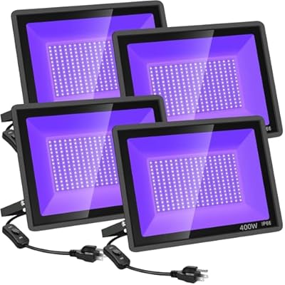 YANYCN 4 Pack 400W LED Black Light,Black Flood Light Outdoor with Plug and Switch, IP66 Waterproof 395nm to 405nm LED UV Blacklight Neon Glow for Glow Party, Halloween, Fluorescent Poster, Body Paint