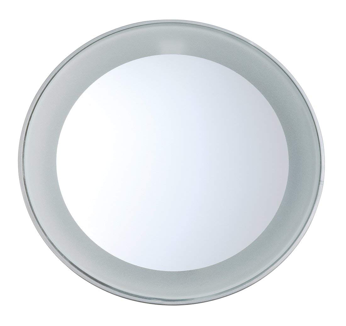 TWEEZERMAN Lusterko kosmetyczne z oświetleniem (15-krotne powiększenie, oświetlenie LED, lusterko do makijażu z przyssawkami, średnica 9 cm), srebrne