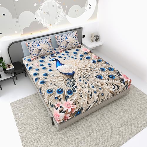 Image of Dream Weaverz 7D Bedsheet for Double Bed King Size with 2 Pillow Covers | Digital Printed & Fitted Elastic for Kids | Soft Glaze Cotton Feel | Fits Upto 12 Inch Mattress (Peacock)