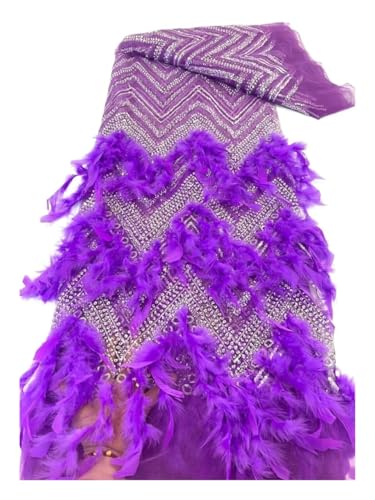 Tissu brodé de plumes et paillettes 3D violet pour couture robe de mariée