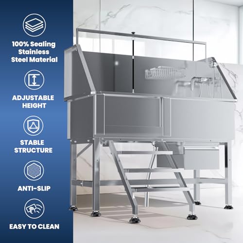 Image of 46 inch Dog Washing Station, Professional Stainless Steel Dog Bathtub w /Ramp & Storage Drawer, Adjustable Grate, Non-Slip Design, Perfect for Home Grooming & Large Dogs (46 inch Left Stair)