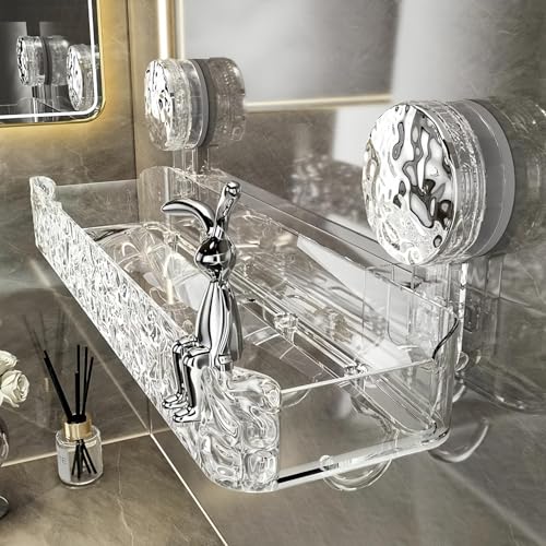 AYWSTC Shower Caddy Suction Cup, Wall Mounted Suction Shower Rack Organizer, No Drilling Clear Shelf Basket with 4 Movable Hooks, Bathroom Storage Rack
