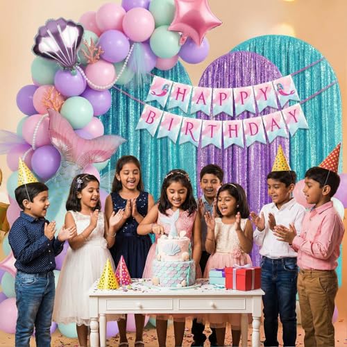 Image of Party Propz Mermaid Theme Happy Birthday Decoration Kit - 38 Pcs, Mermaid Theme Balloons for Birthday, Bday Decoration Items with Foil Balloons, Birthday Decoration Kit for Girls (Cardstock)