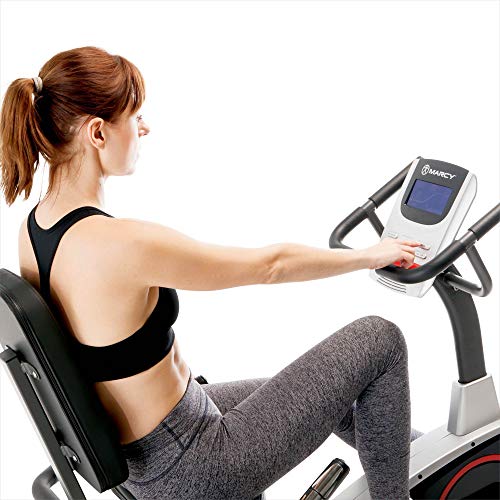 Image of Marcy Regenerating Recumbent Exercise Bike with Adjustable Seat, Pulse Monitor and Transport Wheels ME-706