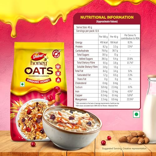 Image of Dabur Honey Oats Cranberries & Almonds with Organic Honey - 500g | Ready to Eat | Helps Reduce Cholesterol | No Artificial Preservatives, Flavours & Colors