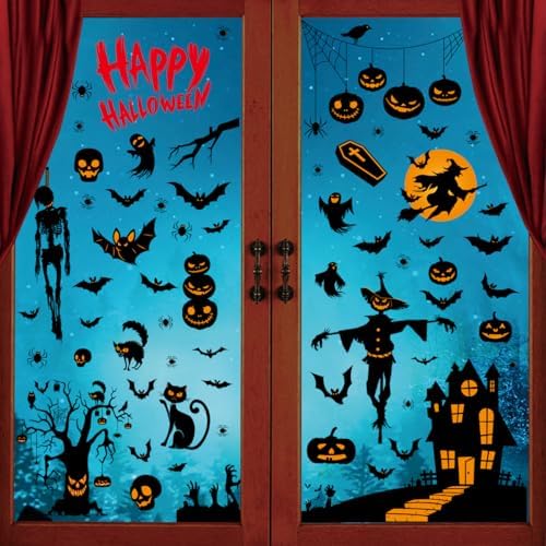 Halloween Static Cling Stickers - 105 Pcs Spooky Black & Orange Decorations - 9 Sheets Window Mirror Decals with Bats Witches Pumpkins - Indoor Halloween Party Home Decor