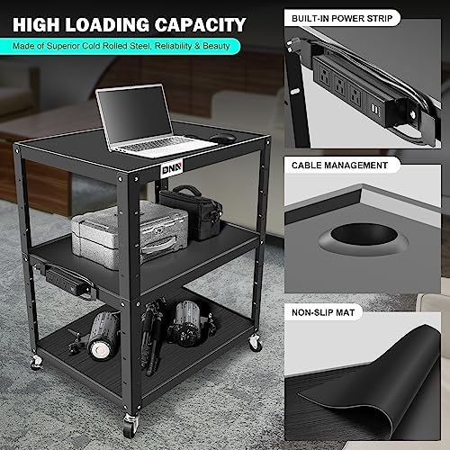 Image of DNA Motoring 3-Layer Utility Steel AV Cart with Wheels Power Strip, 35 inch x 25 inch x 24 inch-42 inch Height Adjustable Rolling Projector Cart,TOOLS-00137