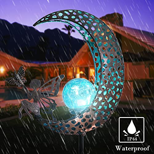 Garden Solar Lights Outdoor Decorative Moon Solar Lights With Fairy Outdoor Metal Crackle Glass Globe Stake Garden Decor For Pathway, Lawn,Yard Decorations #TOP3