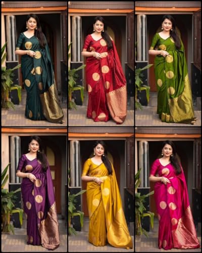 C J Enterprise Women's Pure Banarasi Silk Saree Kanjivaram Style Saree With Blouse Piece For Wedding (KeriGola) - Image 6