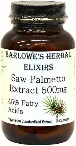 Extracto de Saw Palmetto  Salud de la próstata  45% de ácidos grasos  500 mg  60 cápsulas vegetales  Sin estearatos  Embotellado en vidrio