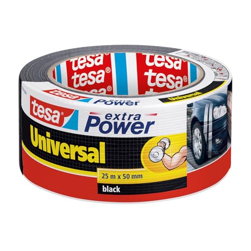 tesa Cinta Adhesiva Universal Extra Power - Celo Adhesivo con Fijación Extra Fuerte - Cinta Multiusos Versátil para Reparaciones, Fijación, Sellado y Más - Negro - 1 Rollo - 25 m x 50 mm