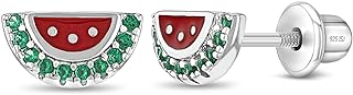 925 Sterling Silver Girl's Green Cubic Zirconia Red Enamel Watermelon Earrings, Fun & Colorful Earrings for Toddlers, Young Girls and Pre Teens- Fruit Stud Earrings for Children & Young Ladies