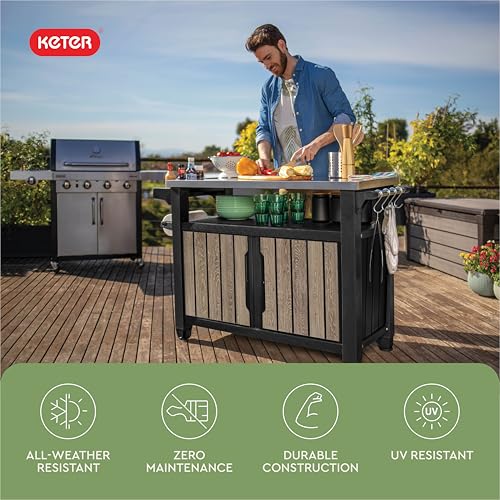 Image of Keter Unity XL Outdoor Entertainment Cart with Wood‑Look Finish, 78‑Gallon Patio Storage Cabinet, Food Prep Station, Stainless‑Steel Top for BBQ, Grill, Patio, Deck & Backyard, Ashwood