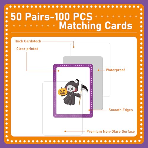 Image of gisgfim 100 PCS Memory Matching Game Happy Halloween Concentration Memory Games Card for Kids Educational Ages 3-8 A Fun & Fast Halloween Theme Matching Games