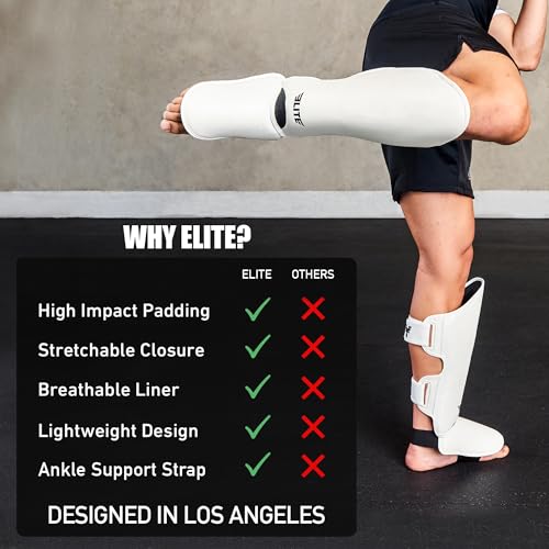 Image of Elite Sports Muay Thai Shin Guards Kickboxing MMA Muay Thai Leg Instep Protective Pads, Martial Art Kicking Sparring Training Gear for BJJ Karate Boxing Taekwondo (Solid White, LXL)