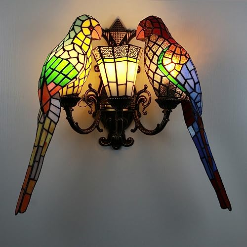 GAUUA Lámpara De Pared Estilo Loro Grande Estilo Tiffany, Luces De Pared De Vidrieras Hechas A Mano, Lámpara De Pared Vinitage De 3 Luces para Dormitorio, Sala De Estar, Pasillo, Mesita De Noche