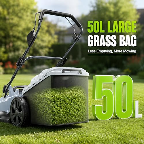 Image of 40V Cordless Lawn Mower, 17 inch Walk Behind Electric 4.0 Ah Battery Powered Lawnmower, with 50L Grass Bag, Brushless Motor, 6 Adjustable Cutting Heights, for Garden /Patio /Yark /Lawn - White