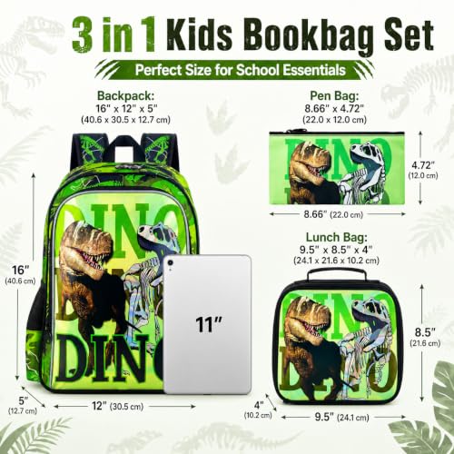 Image of WZLVO 3PCS Dinosaur Backpack for Boys, 16'' Kids Preschool Bookbags with Lunch Box, Cool Water Resistant School Backpacks Set for Elementary Kindergarten Toddler