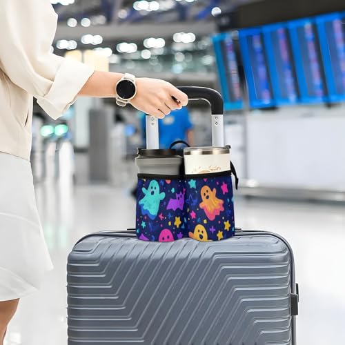 Image of Luggage Cup Holder for Suitcases Free Hands Suitcase Cup Holder Travel Luggage Drink Holder Portable Luggage Cup Caddy Bag Carrier with Handle Neon Halloween Ghosts Stars Bats