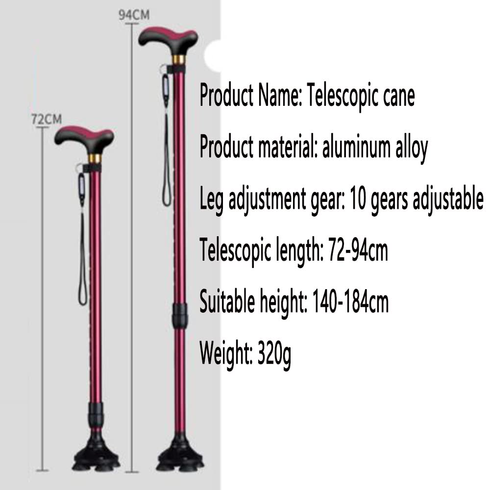 Bastón Plegable para Ancianos, Muleta para Caminar Telescópico, Ajustables Paseo Bastones para Hombres/Mujeres, Se Puede Regulable Entre 72-94cm, Dos Cambios De Base (Color : Wine Red, Size :