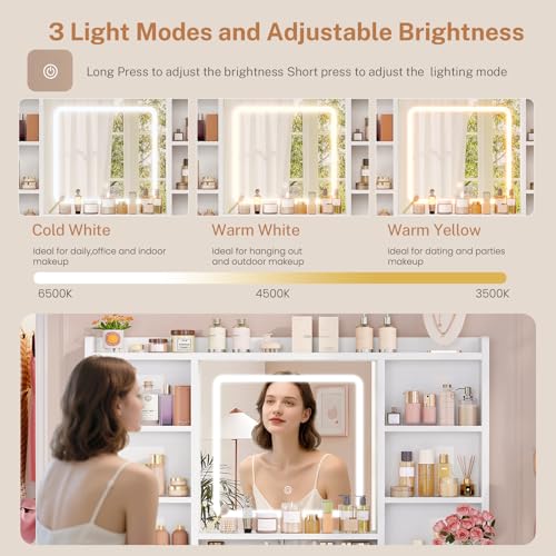 Image of Quimoo Vanity Desk with Mirror, LED Lights and Power Outlet Makeup Vanity Table with 9 Drawers and 7 Storage Shelves Dressing Table for Bedroom Dressing Room (White)