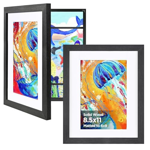 Image of KINLINK 8.5x11 Kids Art Frame, Black Wood Artwork Frames 2 Pack | Picture Frames Front Opening Hold 150 Pictures, Artwork Frames for Kids Artwork, 8.5x11 with Mat 6x9 without Mat