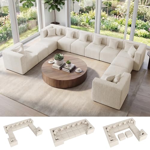Image of MONVANE Oversized Boneless Sectional Couches for Living Room, 12-Seat Cloud Couch, Modular Sofa with Ottoman & 12 Throw Pillows, Comfy Chenille, No Assembly Required, Beige