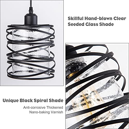 FISGONI Modern Mini Pendant Light Fixture Kitchen Island Pendant Lighting 6.30''Matte Black Spiral Cage Handblown Clear Seeded Glass Shade Hanging Lamp Adjustable Cord for Dining Room 1-Pack,E26 - Image 6