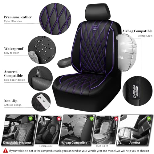 Image of CAR PASS Piping Luxury Faux Leather Two Front Car Seat Covers, Waterproof Anti Slip Premium Automotive Seat Covers,Universal Fit for Suvs,Vans,Trucks, Armrest Airbag Compatible (Black and Purple)