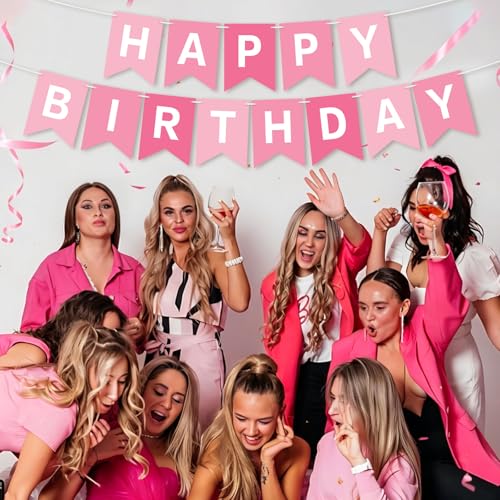 Image of Happy Birthday Banner Pink Birthday Party Banner Garland Sign for Kids Girls Baby 1st Birthday Tea Party Decorations Bunting Flag Spa Birthday Party Supplies