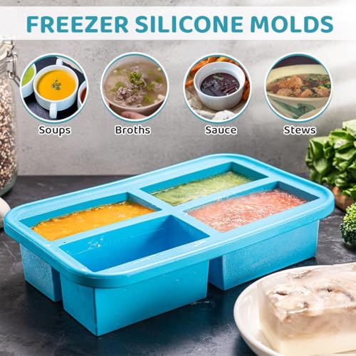 Image of Supvox 4-Grid Ice Cube Tray Large Frozen Soup Cube Mold with Lid Food-Grade Silicone Mold Tray for Miso Soup Cubes, Curry Cubes, Yogurt Frozen Cubes Multi Purpose Silicone Mold Tray