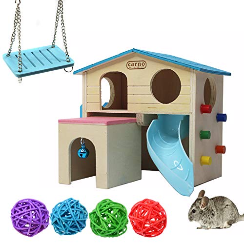 kathson Pet Small Animal Hideouts Dwarf Hamster House Wooden Two Layers Huts with Funny Climbing Ladder Slide Play Swing Toys Rattan Chews for Mouse Syrian Hamster(Blue)
