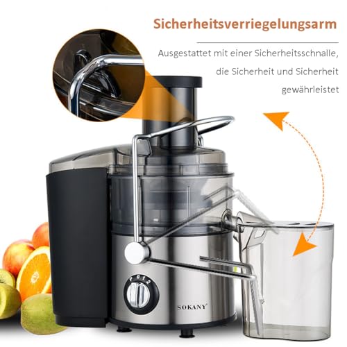 800W Entsafter Gemüse und Obst, Quick Juicer mit optimierter Saftausbeute, Große 65 mm Einfüllöffnung, 2 Geschwindigkeitsstufen, Einfach zu Reinigen, Schwarz/Edelstahl – Bild 3